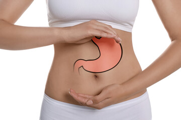 Woman with image of healthy stomach on white background, closeup