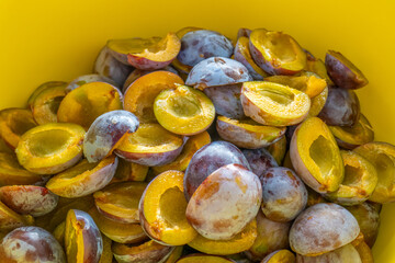 Plum halves texture. Farm organic bio fruits.Plums harvest.Plum jam preparation.plum abundance 