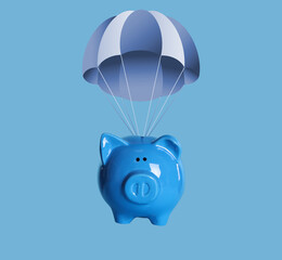 Cute piggy bank with parachute flying on blue background