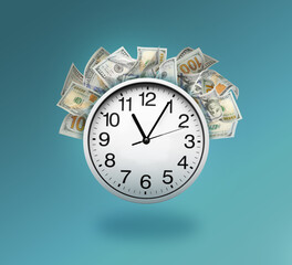 Time is money. Clock and dollar banknotes on light blue background