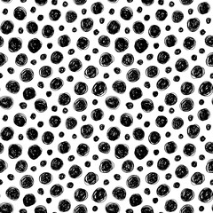 Grunge paint circle vector seamless pattern. Hand painted black ink blobs. Geometric abstract background. Simple ornament with polka dots. Seamless pattern with rounded doodle shapes.