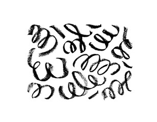 Doodle style swirled charcoal lines. Vector curly brush strokes, marker scribbles isolated on white background. Black pencil curly or swirled sketches. Charcoal curved lines and wavy brushstrokes