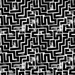 Abstract maze and labyrinth geometric seamless pattern. Monochrome abstract vector background. Repeating greek pattern with straight brush strokes. Digital and tech design. Black and white texture