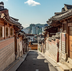 Fototapeta premium Traditional Korean architecture design buildings at the Bukchon Hanok Village in Seoul South Korea
