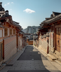 Fototapeta premium Traditional Korean architecture design buildings at the Bukchon Hanok Village in Seoul South Korea 