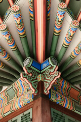 Colorful traditional Korean design pattern wooden building roof in Changdeokgung palace Seoul South Korea