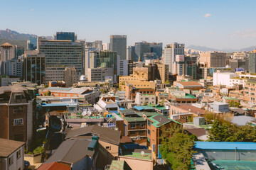 Fototapeta premium City building skyline view of downtown Seoul South Korea from Namsan tower