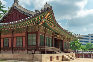 Colorful Korean painted wood building architecture at the Changdeokgung palace in Seoul South Korea