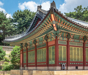 Colorful Korean painted wood building architecture at the Changdeokgung palace in Seoul South Korea