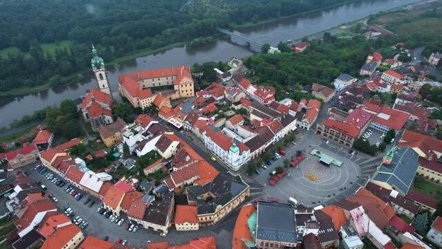  Aerial view around the old town of the city Melnik in the czech Republic on a rainy summer day.