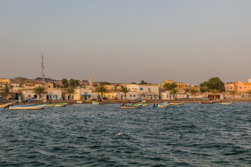 Fototapeta na wymiar TADJOURA, DJIBOUTI - APRIL 19, 2019: Fishing boats in Tadjoura, Djibouti
