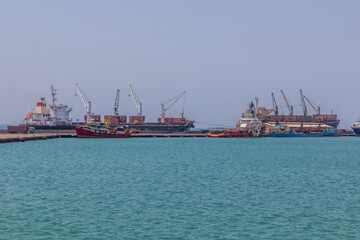 Ships and cranes in the port of Djibouti, capital of Djibouti.