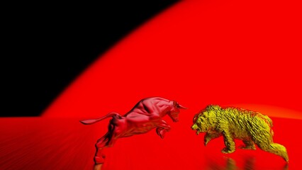 Metallic red painted bull and yellow bear sculpture staring at each other in dramatic contrasting light representing financial market trends under red-black background. Concept 3D CG of stock market.