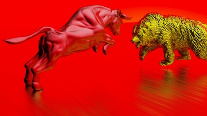 Metallic red painted bull and yellow bear sculpture staring at each other in dramatic contrasting light representing financial market trends under red-black background. Concept 3D CG of stock market.