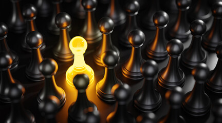 Naklejka premium Standout Concept Yellow Glow Pawn Chess Between Black Pawns 3D Render