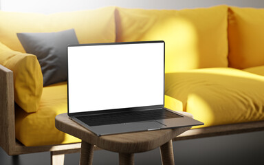 Laptop Mockup Template. Yellow Sofa Living Room 3D Render