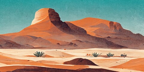 Plakat Sandy desert landscape cartoon illustration with sand dunes, hills and mountains silhouettes, nature horizontal background. Can be used for traveling, outdoor recreation and vacation concepts