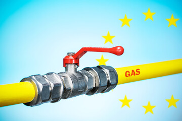 Gas pipe with sign European Union on blue background.