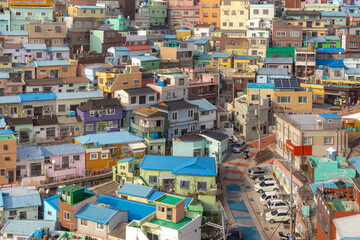 Colorful city village houses view of Gamcheon Cultural Village and mountains in Busan South Korea