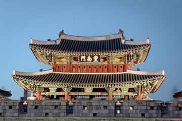Colorful wooden traditional Korean architecture style Pungnammun Gate in Jeonju South Korea at dusk...