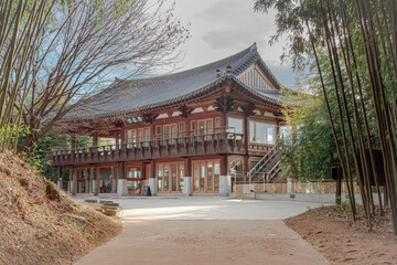 Brown traditional wooden Korean style architecture building in Juknokwon Bamboo Forest in Damyang South Korea