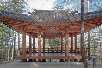 Brown traditional wooden Korean style architecture pagoda pavilion in Juknokwon Bamboo Forest in Damyang South Korea