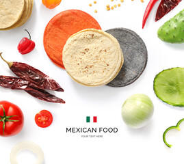 Creative layout made of mexican food on the white background. Flat lay. Food concept. Macro ...