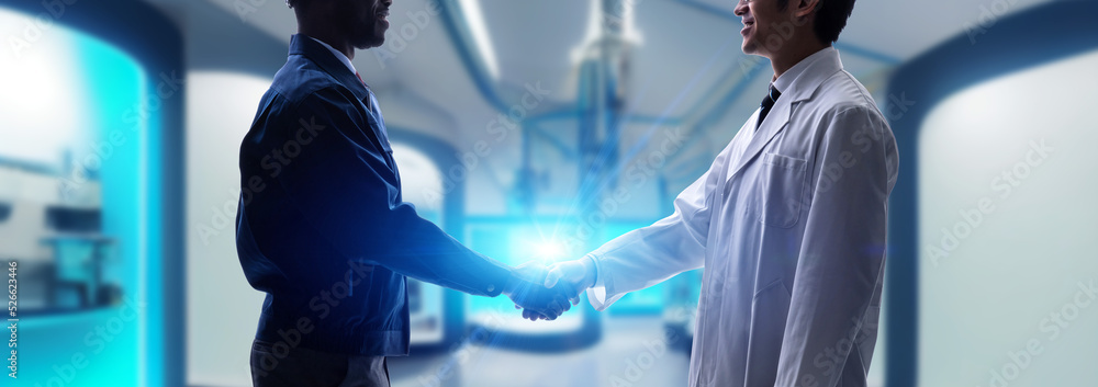 Aufkleber engineers shaking hands in a futuristic lab. wide image for banners, advertisements.