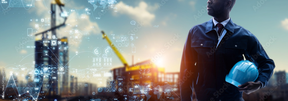 Poster an engineer standing at a construction site and a digital data concept. wide image for banners, adve