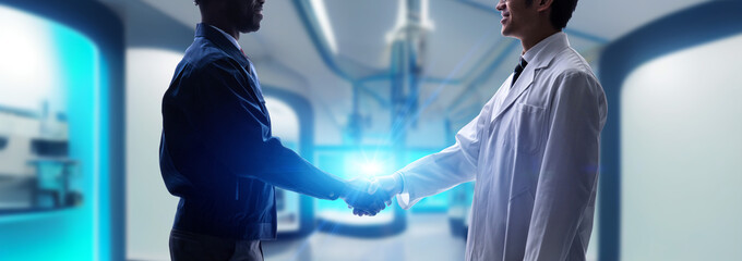 Engineers shaking hands in a futuristic lab. Wide image for banners, advertisements.