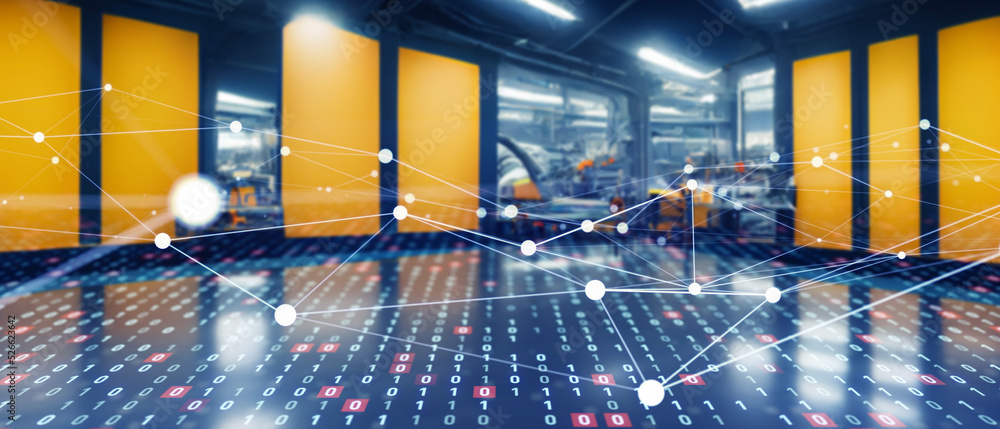 Poster Future factory and communication network. Wide image for banners, advertisements.
