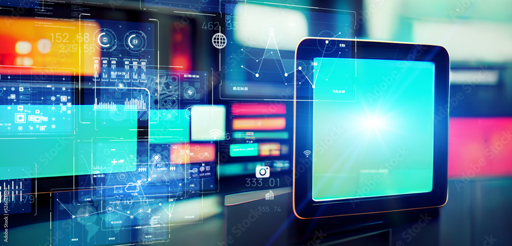 Poster computer screen and digital data concept. Wide image for banners, advertisements.