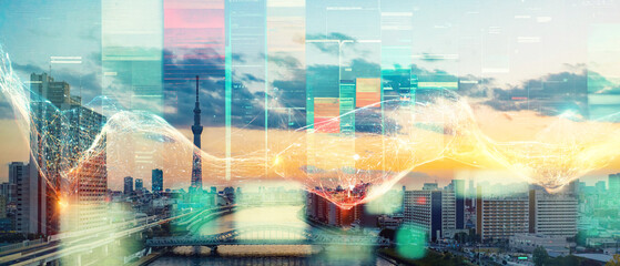 city and network. Smart city. Wide image for banners, advertisements. - obrazy, fototapety, plakaty