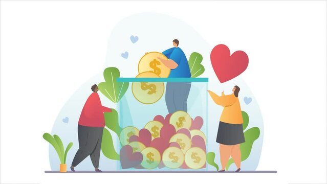 Charity and volunteering. Moving men and women collect gold coins and hearts into large jar or piggy bank. Kind characters donate money to people in need or poverty. Gradient graphic animated cartoon