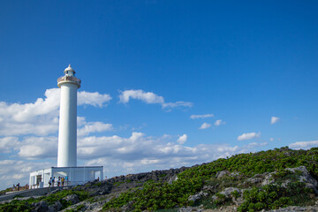 Fototapeta na wymiar White lighthouse on the coast of the sea, Zanpa Cliff, Okinawa Island, Japan