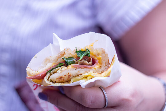 Close Up Of A Delicious Taiwanese Pancake Sandwiches, Taipei, Taiwan