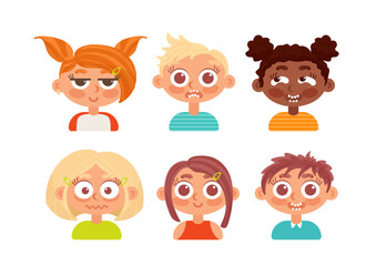 Set of faces of children of different ethnicities. Positive negative emotions. Joy, happiness, fear, disgust. For stickers, avatar, design elements. In cartoon style.