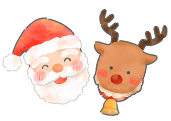 サンタクロースとトナカイ　手描き水彩風