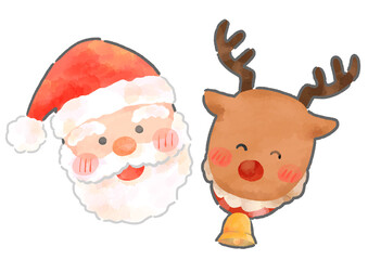 サンタクロースとトナカイ　手描き水彩風
