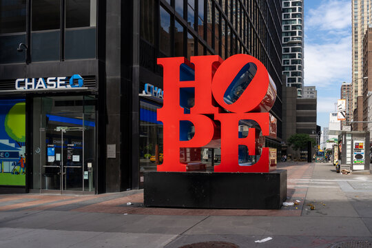 New York City, NY, USA - August 20, 2022: Pop art sculpture 'Hope' by Robert Indiana on 53rd Street in New York City, NY, USA on August 20, 2022.