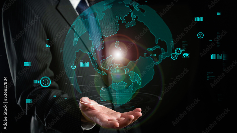 Aufkleber businessman show hologram of global business communication allusive technology. virtual augmented re