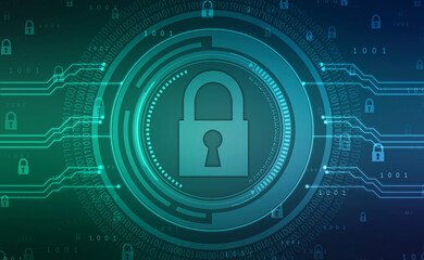 Digital Padlock on abstract technology background, Technology security concept. Modern safety digital background. Protection system, Cyber Security and safety information, personal data concept