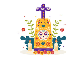Dia De Los Muertos or Day of the Dead Template Hand Drawn Cartoon Flat Illustration Mexican Holiday Festival with Tattoo Skulls, Maracas and Sombrero