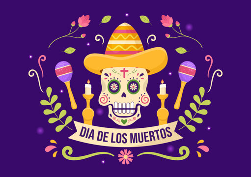Dia De Los Muertos or Day of the Dead Template Hand Drawn Cartoon Flat Illustration Mexican Holiday Festival with Tattoo Skulls, Maracas and Sombrero