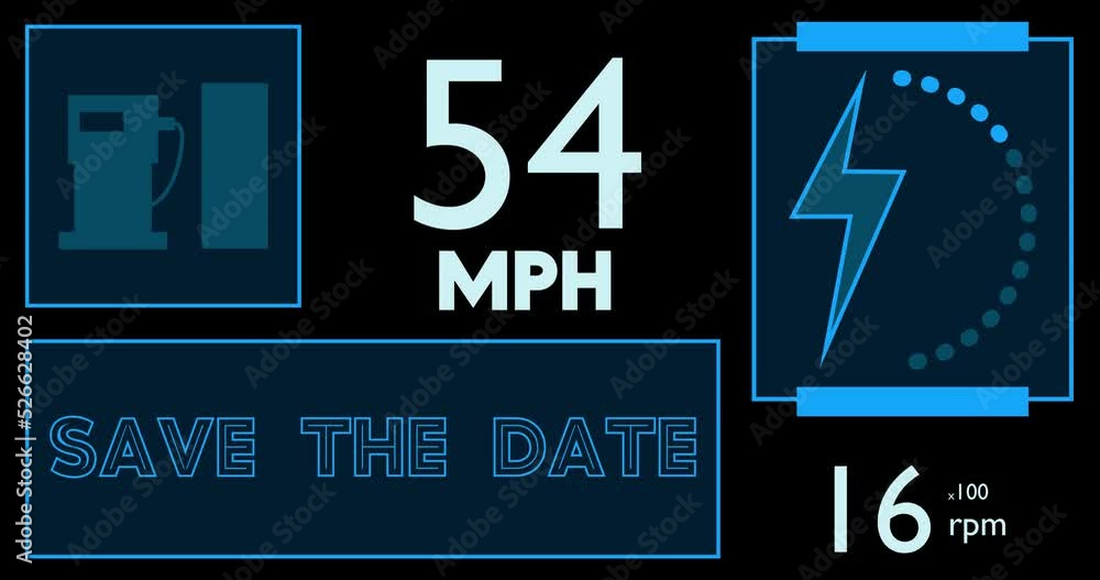 Poster hybrid car dashboard with save the date text. digital graphical user interface animation.