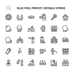 Icon Set of Healt Care and Coronavirus Vector Line Icons. Contains such Icons as Virus Disease, Coronavirus . Editable Stroke. 32x32 Pixel Perfect.