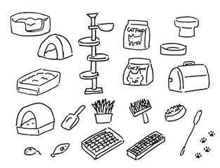 猫用品　猫トイレ・キャットタワー・猫用ベッド　手描き線画素材セット
