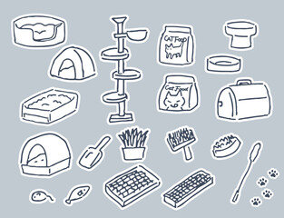 猫用品　猫トイレ・キャットタワー・猫用ベッド　手描き線画白フチ付き素材セット