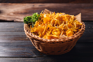 Edible orange mushroom in basket on wooden background, Organic food ingredients in seasonal