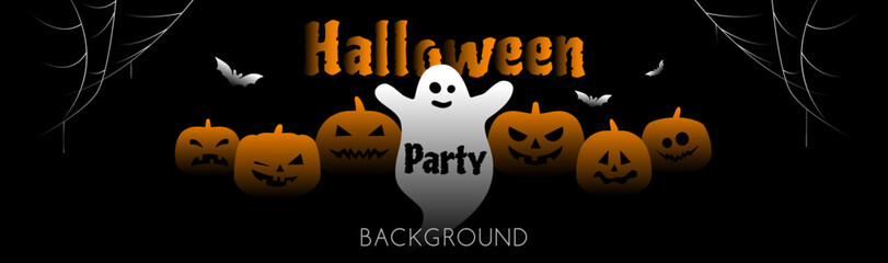 halloween party banner design with pumpkins bats spider web on black  background